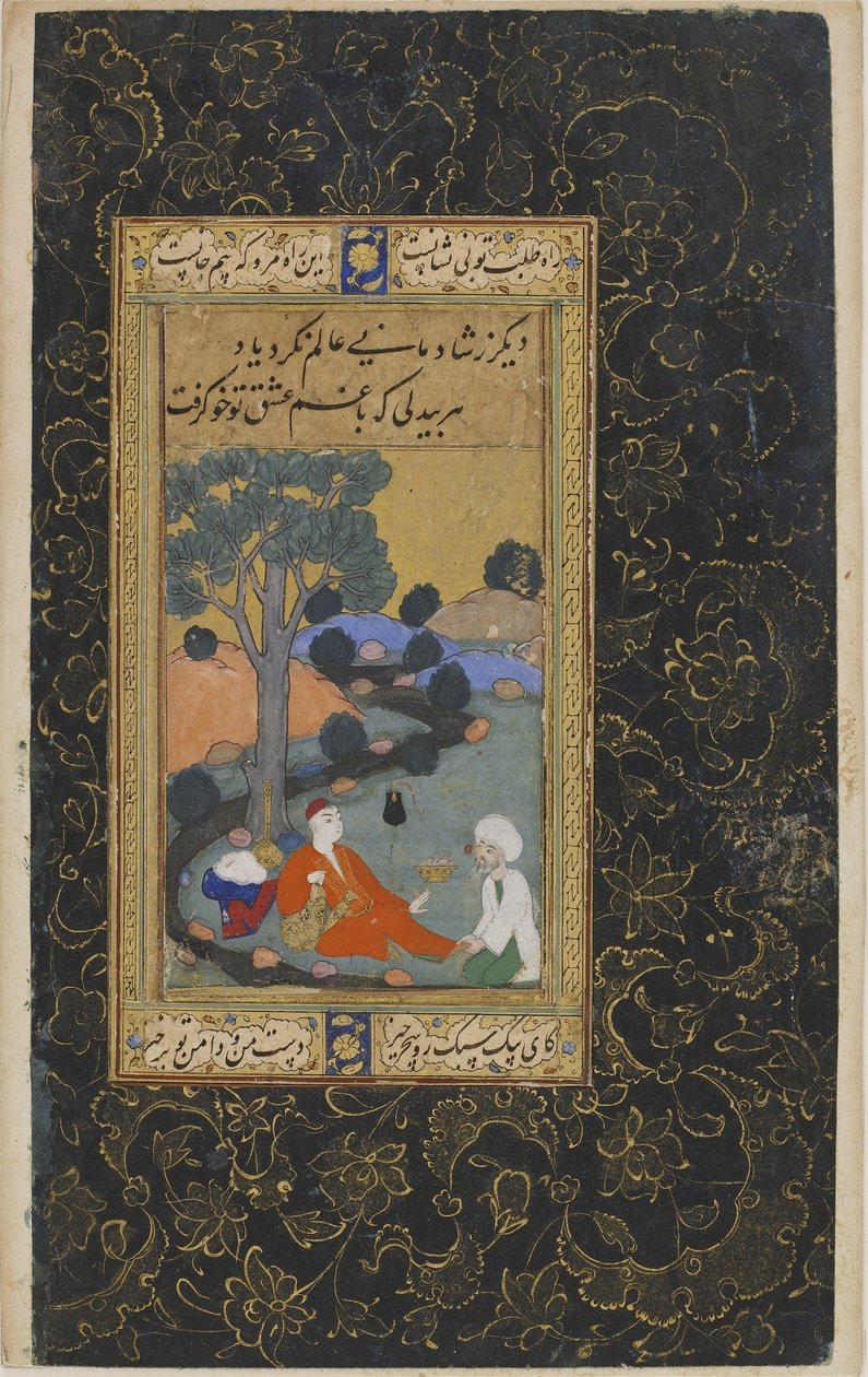 Ung prins og ledsager, osmannisk dynasti (blæk og guld på papir) af Turkish School