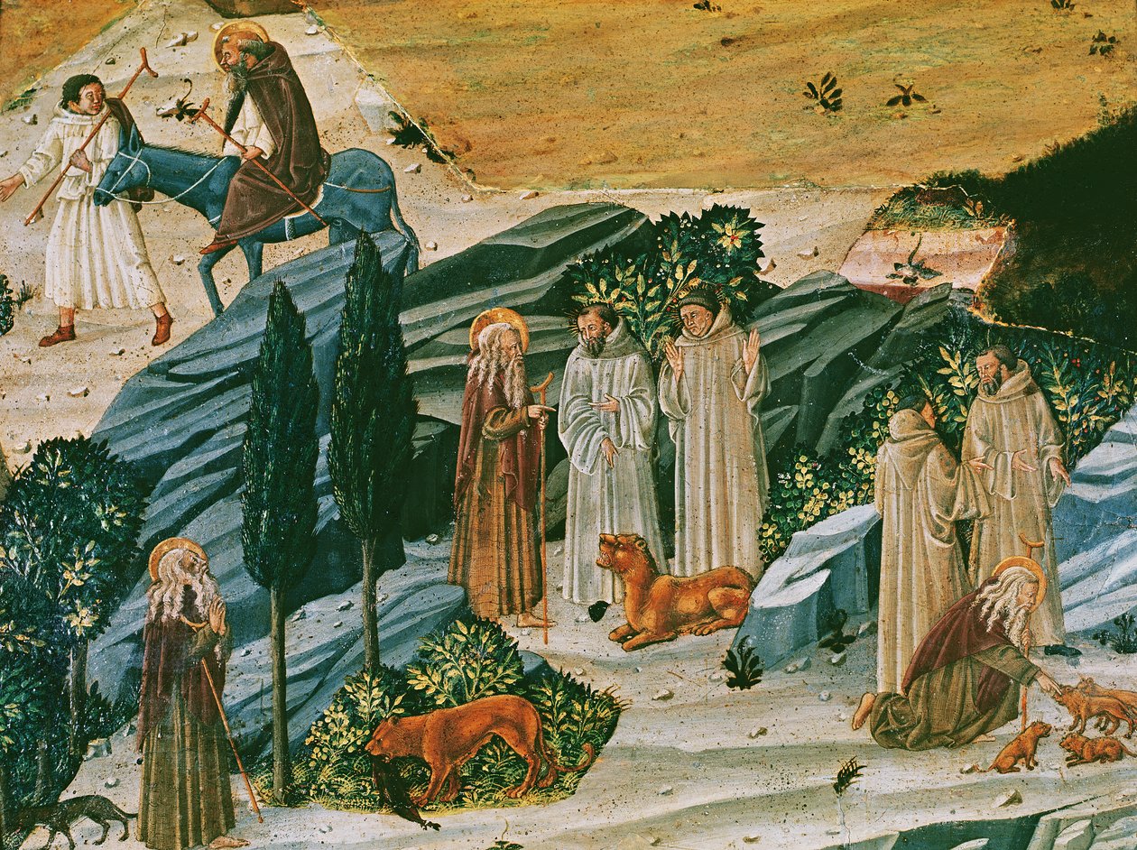 Sankt Gerasimus i Thebaid-ørkenen med løven tæmmede han ved at fjerne en torn fra poten, ca. 1440 (tempera på panel) af Tuscan School