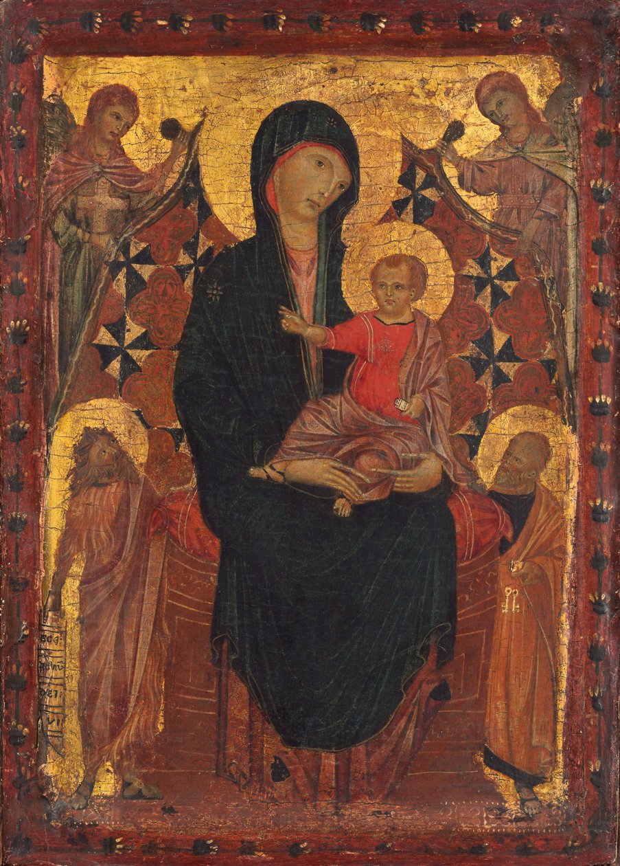 Madonna og barn med Johannes Døberen, Sankt Peter og to engle af Tuscan 13th Century