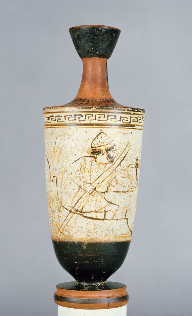 Attic white-ground lekythos dekoreret med Charon, underverdenens færgemand, der modtager sjælen fra en død person, fra Athen, ca. 475-425 f.Kr. (keramik) af Tymbos Painter
