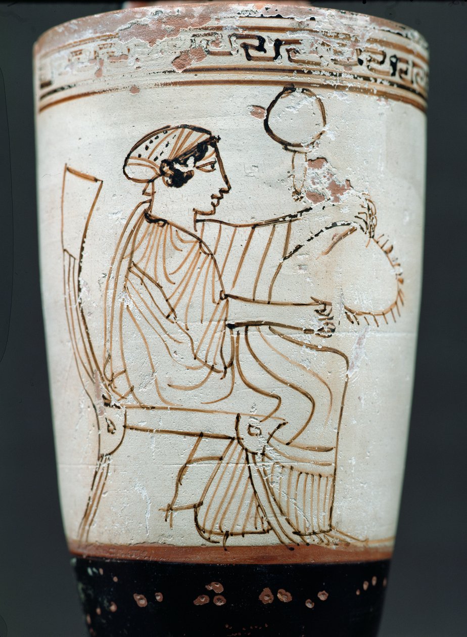 Attic white ground lekythos forestiller en kvinde flette en krans, ca. 475-420 f.Kr. (keramik) af Tymbos Painter