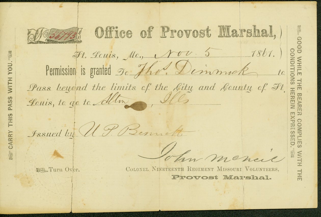 Militærpas af Thomas Dimmock, underskrevet U.P Bennett, 5. november 1861 af U. P. Bennett