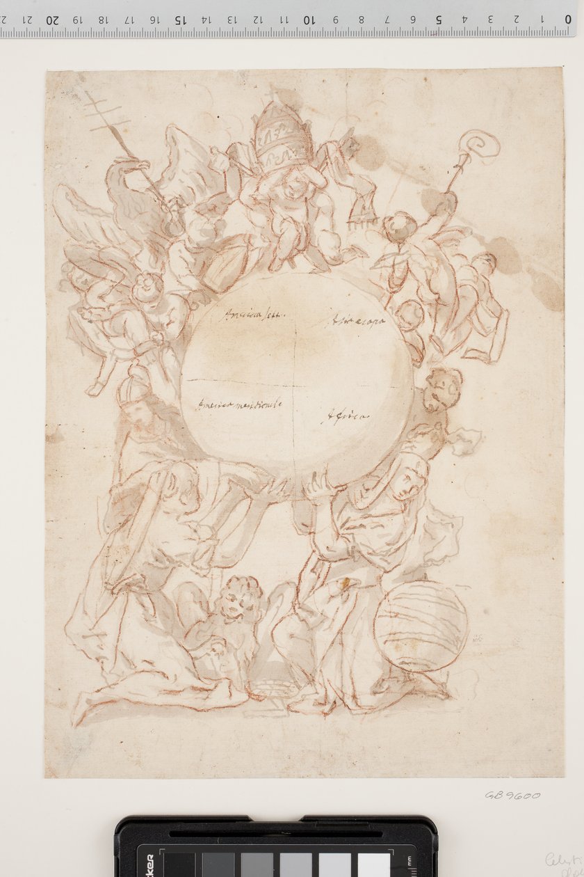 Diverse figurer, heriblandt Markus-løven, en doge og en kvinde, ved hvis side man ser en globus, støtter en stor globe, der er inddelt i fire felter, kendetegnet ved indskrifter som "America Sett.", "America meridionale", "Asiaeropa" og "Africa". Over glob af Ubekendt