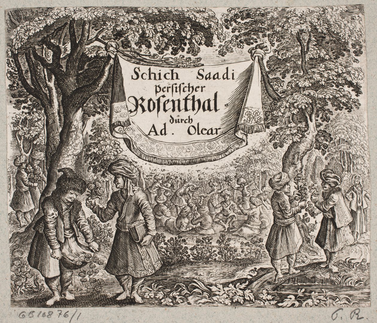 Frontispice til Adam Olearius, "Persisk Rosenthal af en genial digter Schich Saadi […]", Slesvig 1660 af Ubekendt