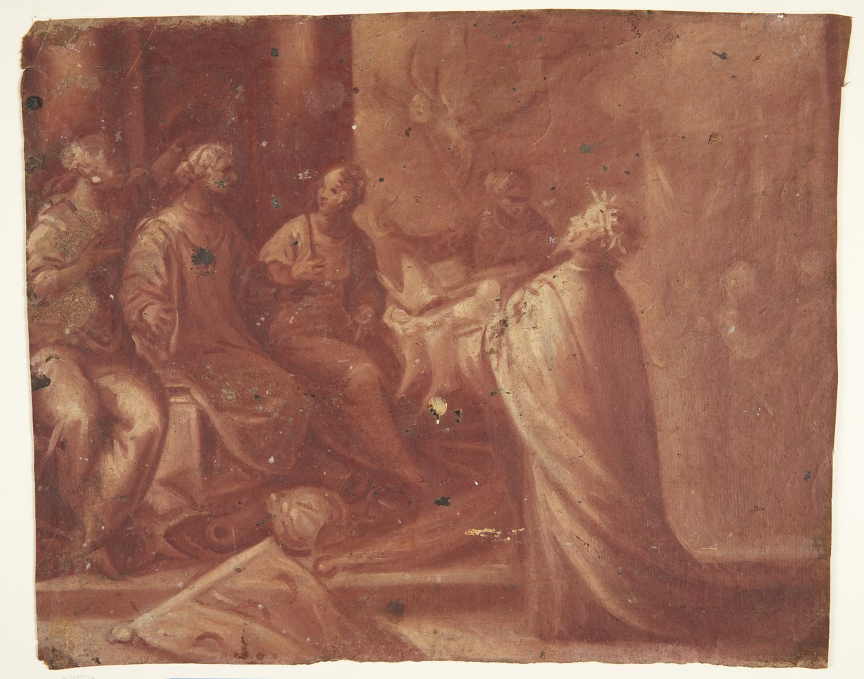 Jesus overrækker en mitre til en kvinde på en trone omgivet af to kvinder (allegori) af Ubekendt
