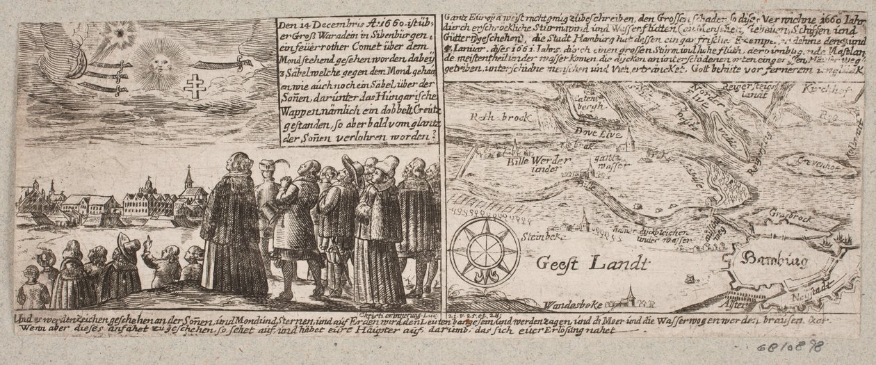 Komet, der viste sig i Grossvardein, Sibenbürgen, 14. december 1660, samt kort over egen ved Hamborg under stormfloden 4. januar 1661 af Ubekendt