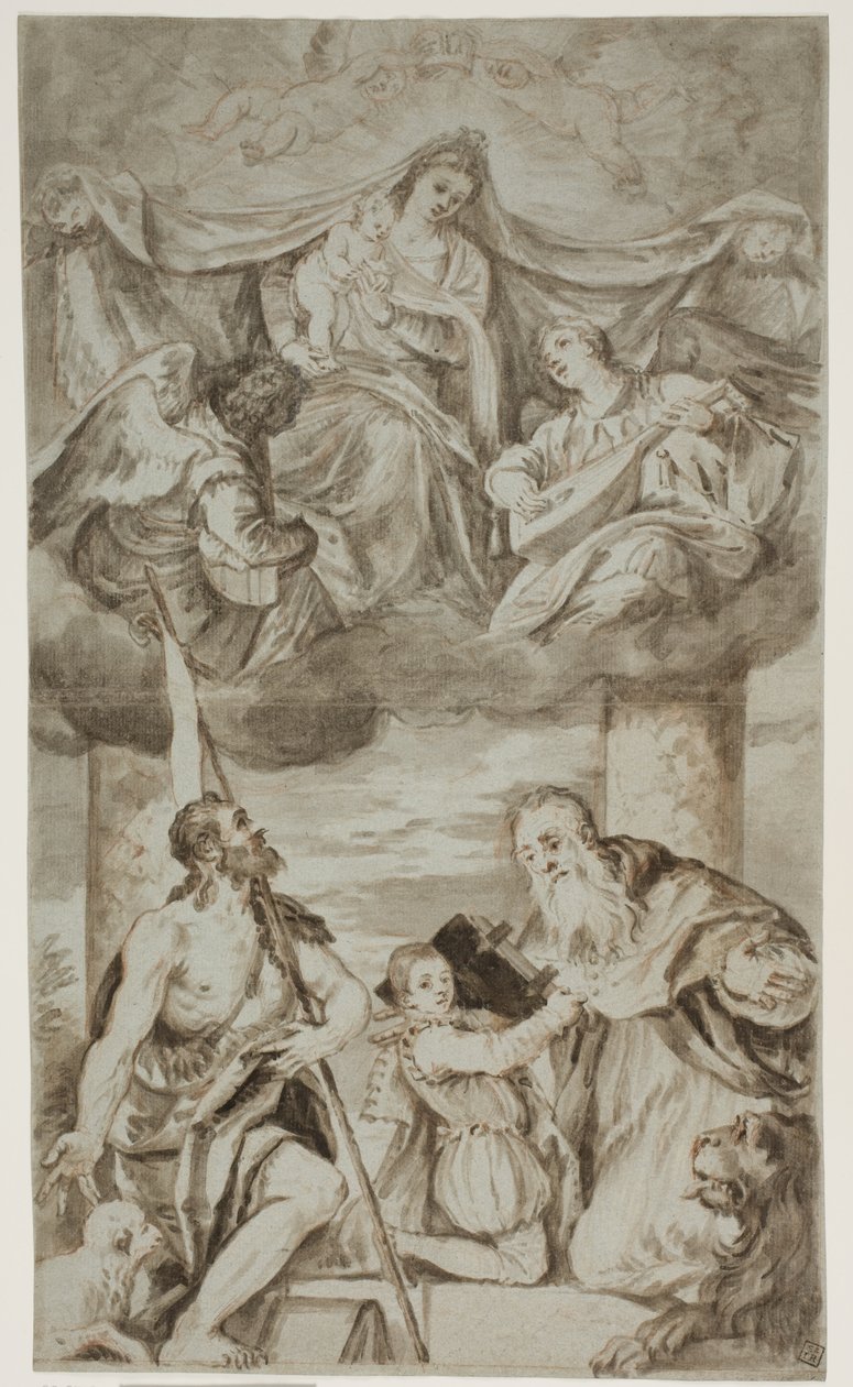 Jomfruen og barnet blandt engle i skyerne med Johannes Døberen og Hieronymus, efter Paolo Veroneses maleri tidligere i S. Francesco della Vigna, Venedig af Ubekendt Ubekendt