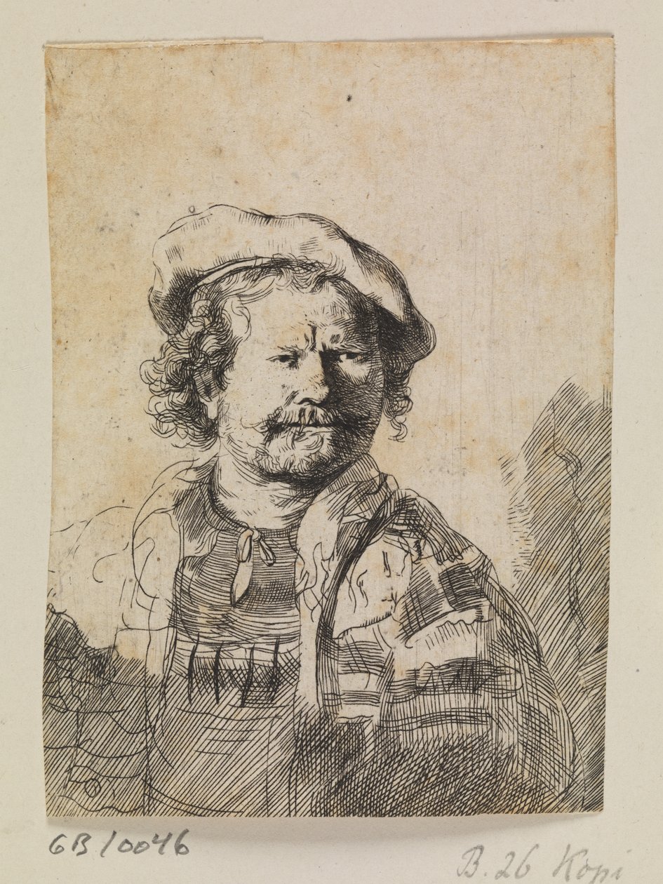 Rembrandt i flad kasket og broderet kjole af Ubekendt efter Rembrandt