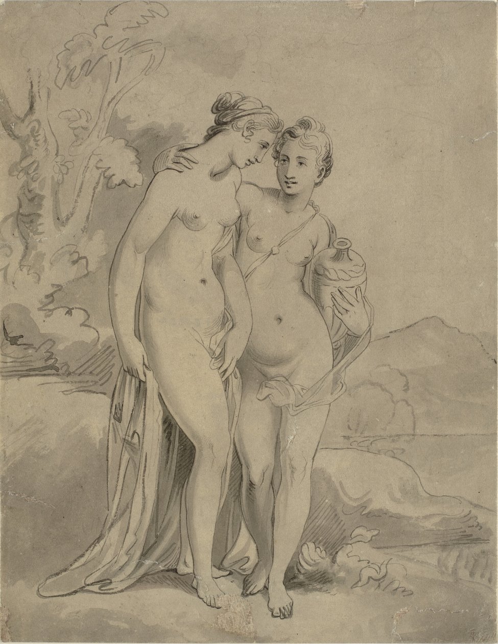 To nymfer i et landskab af Ubekendt engelsk kunstner 1820