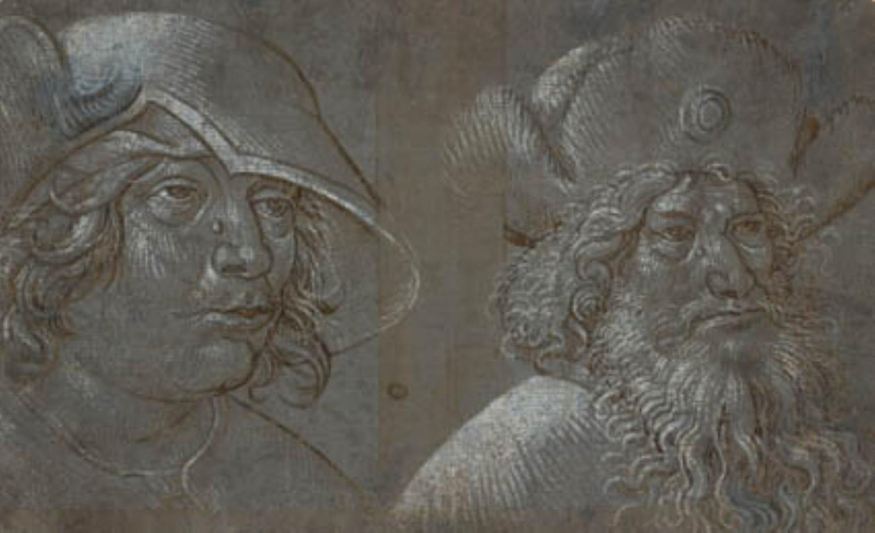 To mænds hoveder i trekvart profil til højre, begge iført markante hatte. af Ubekendt tysk nederlandsk ca. 1500
