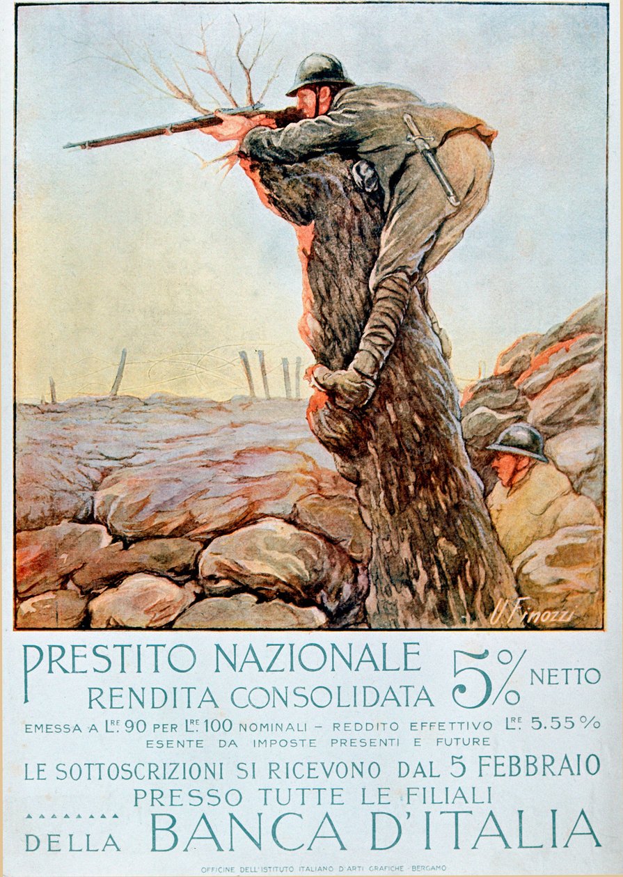 Første Verdenskrig: Italiensk plakat, der opfordrer til nationalt lån. Illustration af Ugo Finozzi (20. århundrede). 1914-1918 OBS! Brugen af dette værk kan være betinget af en anmodning om tilladelse til en tredjepart eller betaling af yderligere gebyrer af Ugo Finozzi
