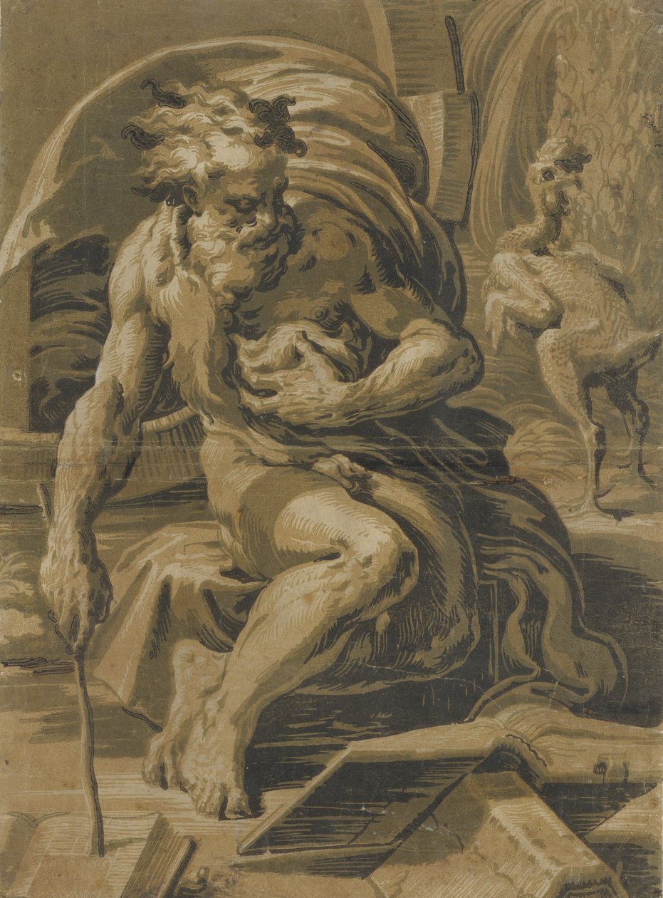 Diogenes, siddende foran sin tønde, læser fra en bog, en plukket høne stående beh..., ca. 1527-30. af Ugo da Carpi
