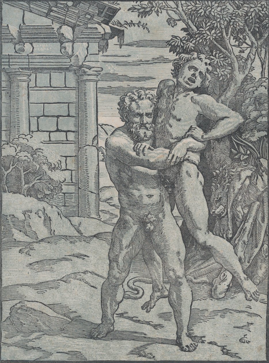 Hercules og Antaeus, ca. 1517-18. af Ugo da Carpi