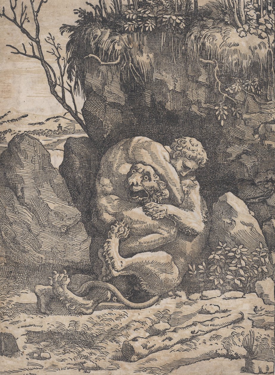 Hercules og Nemean Lion, ca. 1517-18. af Ugo da Carpi
