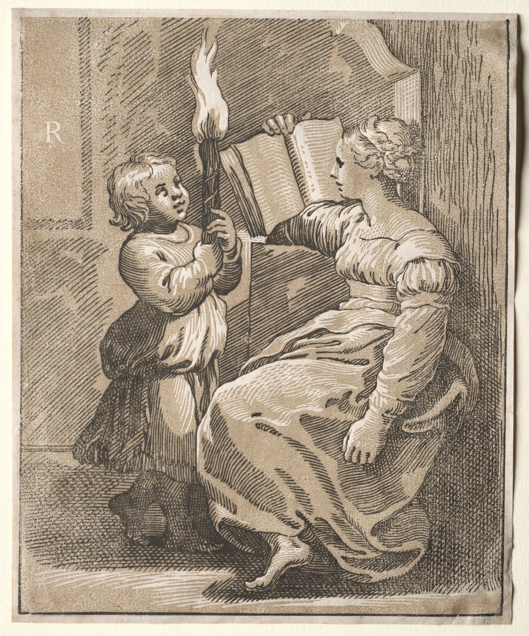 Sibyllelæsning med et barn der holder en fakkel, 1518-27. af Ugo da Carpi