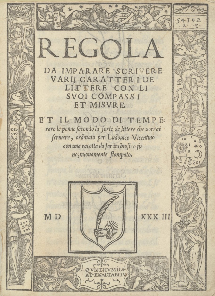 Regl for at lære at skrive forskellige tegn af bogstaver med sine kompas og mål: og måden at temperere fjerene ... af Ugo da Carpi, Ludovico Arrighi
