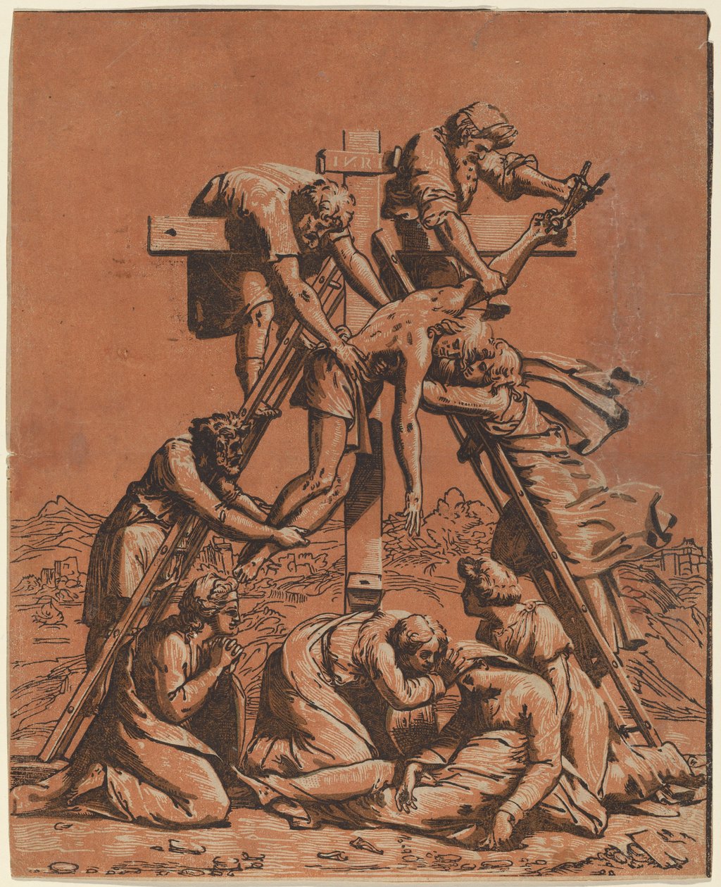 Nedstigningen fra korset af Ugo da Carpi after Raphael