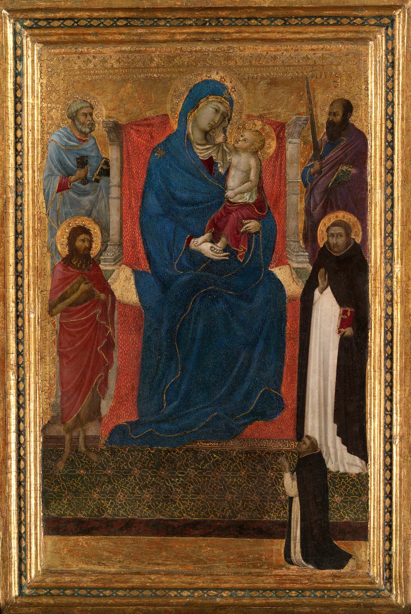 Jomfru og barn på tronen med de hellige Peter, Paulus, Johannes Døberen og Dominikus og en dominikaner... af Ugolino da Siena