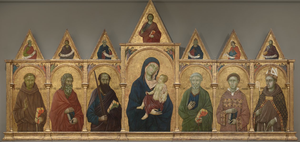 Jomfru og barn med de hellige Frans, Andrew, Paul, Peter, Stephen og Louis af Toulouse, ca. 1317-21 af Ugolino di Nerio