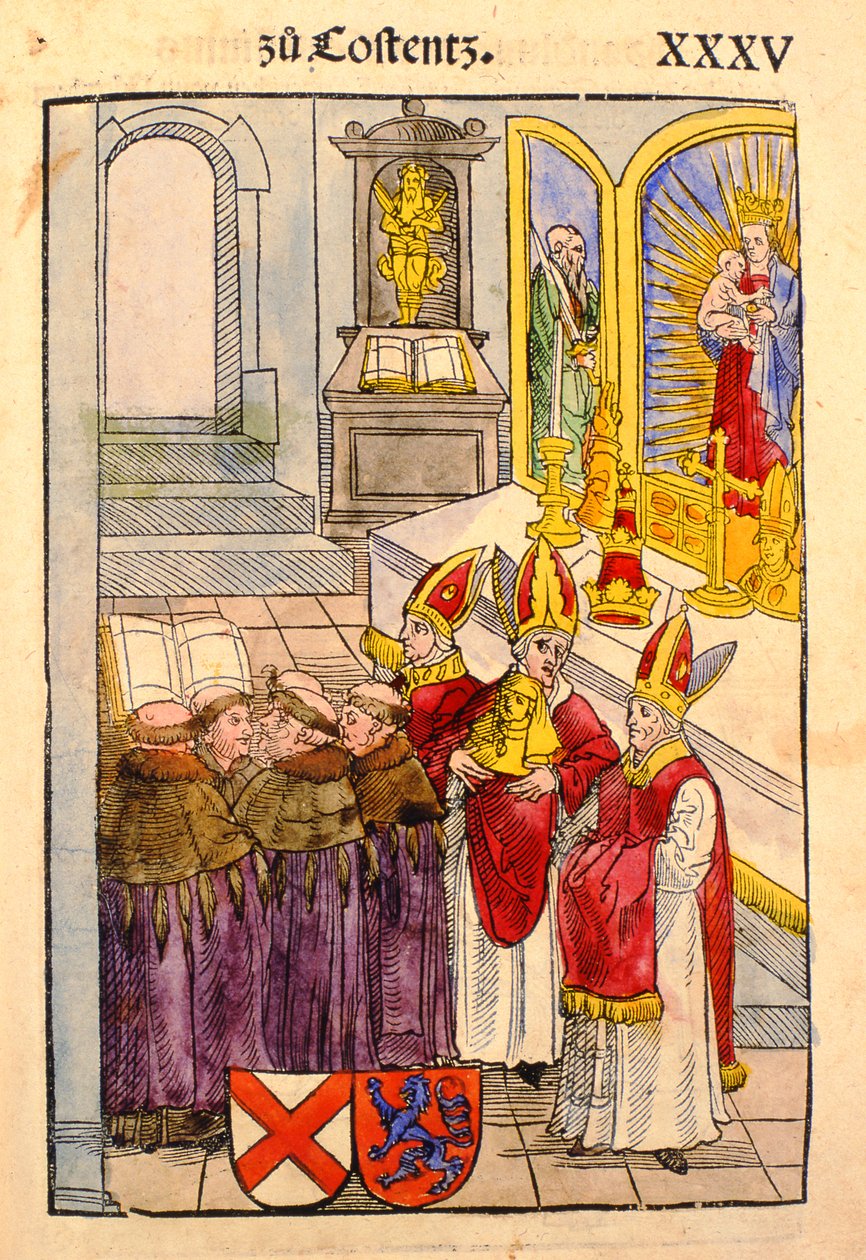 En scene fra koncilet i Konstanz, fra "Chronik des Konzils von Konstanz af Ulrich von Richental