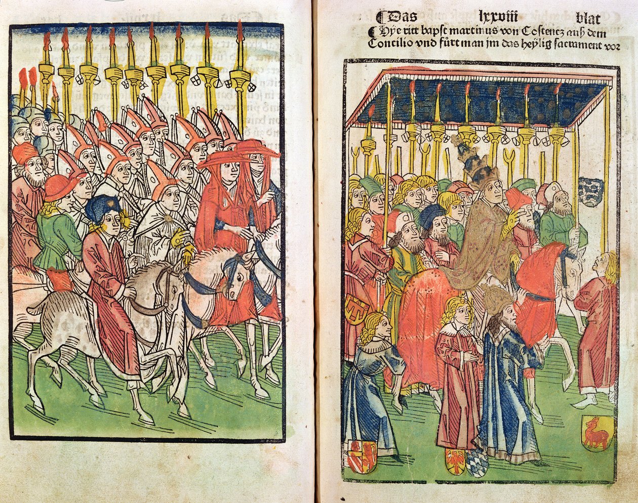 Ankomst af modpaven Johannes XXIII (ca. 1370-1419) til koncilet i Konstanz i 1414, 1483 (farvet træstik) af Ulrich von Richental