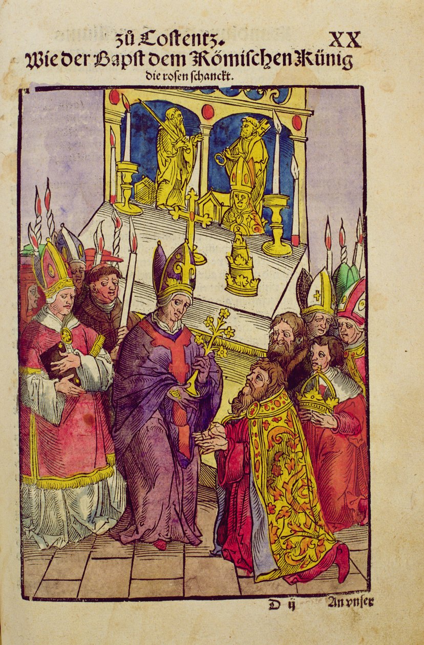 Pave Martin V giver Sigismund den symbolske gave af den gyldne rose ved koncilet i Konstanz fra 