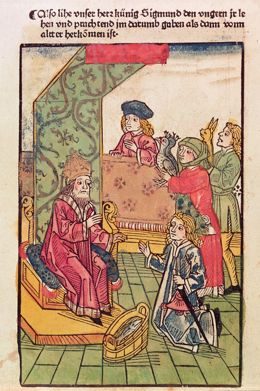 Kejser Sigismund (1367-1437) af Luxemburg modtager hyldest af sine ungarske undersåtter, 1483, (farvet træsnit) (se også 316982) af Ulrich von Richental