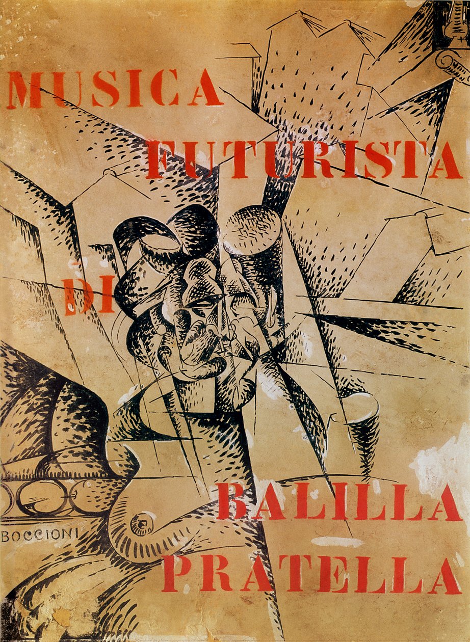 Design til forsiden af "Musica Futurista" af Francesco Balilla Pratella (1880-1955), 1912 (tempera og blæk på karton) af Umberto Boccioni