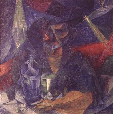 Sammensætning af figuren af en kvinde ved et bord af Umberto Boccioni