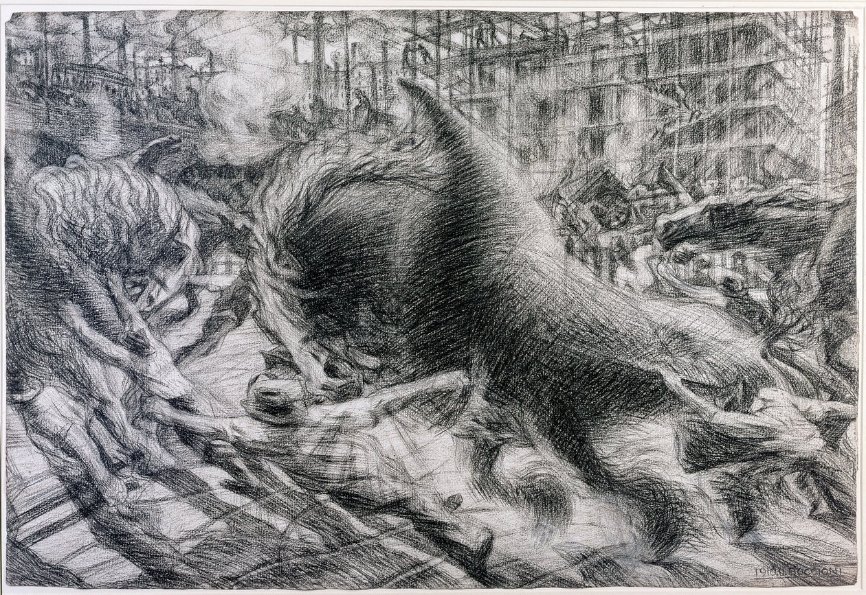 Futurisme: "" La citta che dirty"" (Den stigende by). Tegning på pap af Umberto Boccioni (1882-1916) af Umberto Boccioni