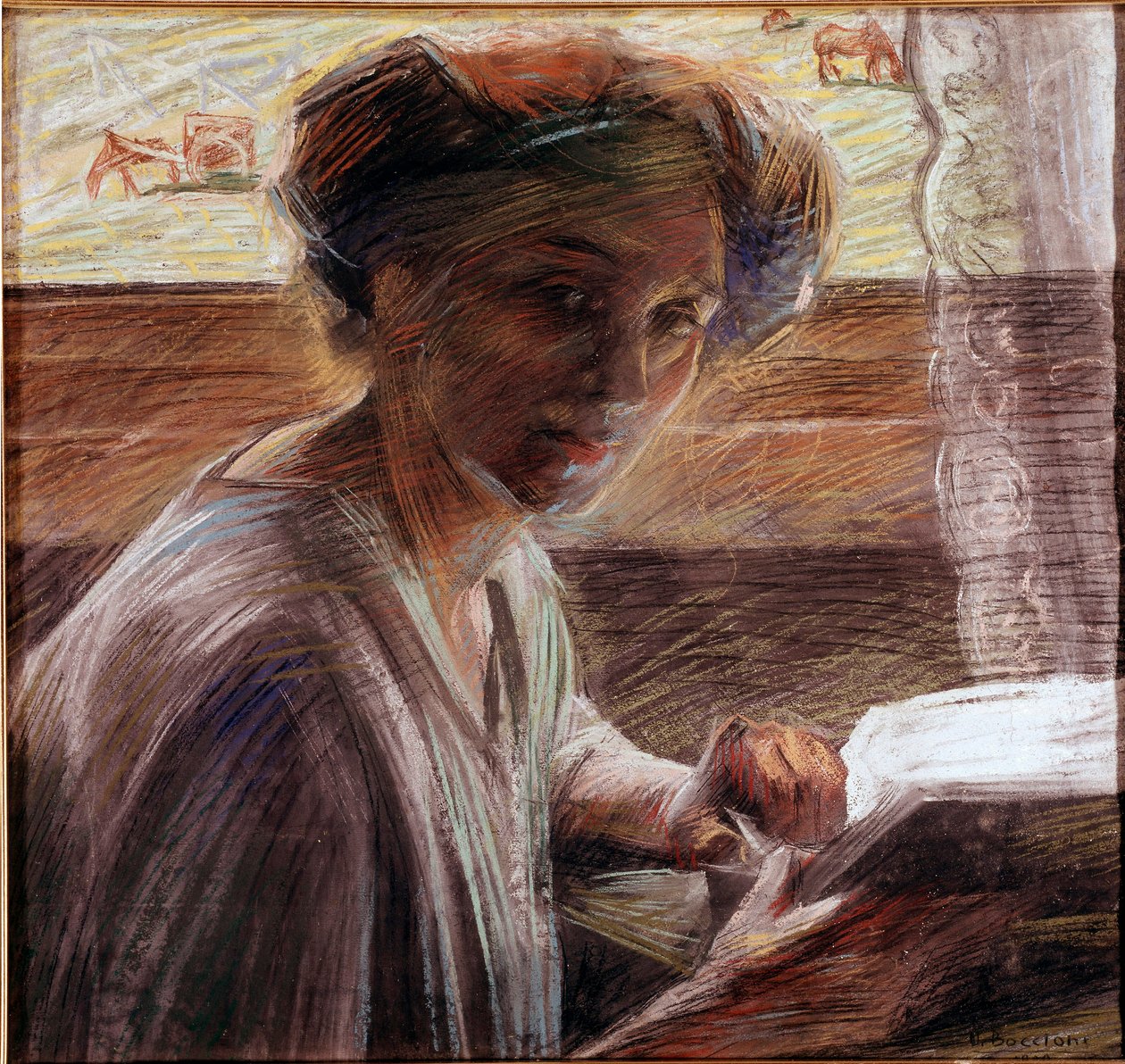Portræt af søsteren til maleren læser pastelmaleri af Umberto Boccioni (1882-1916) 1908 søn. 54x58 cm Venedig, Galleria d