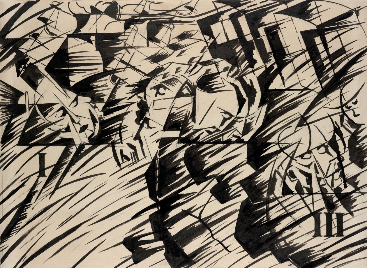 Tilstande i sindet: De som går, 1912 (blæk på papir) af Umberto Boccioni