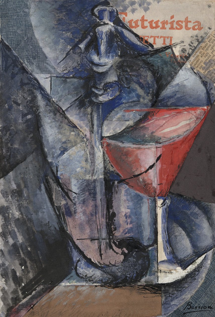 Still Life: Glass and Siphon, ca. 1914 (collage, gouache, pen og blæk) af Umberto Boccioni