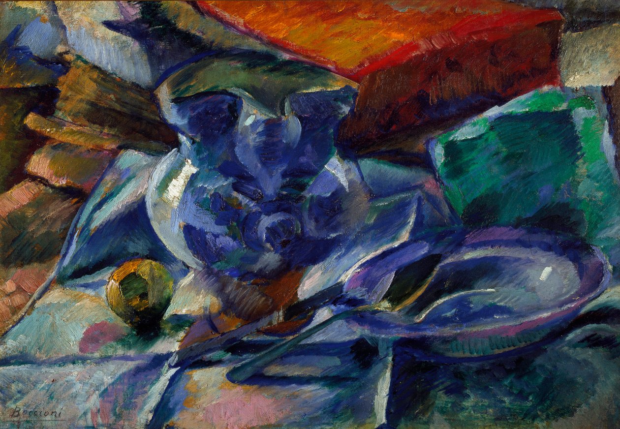 Stilleben med kanden, skålen og bestikmaleri af Umberto Boccioni (1882-1916) 1916 Dim. 35x50 cm Milano, Civico Museo d