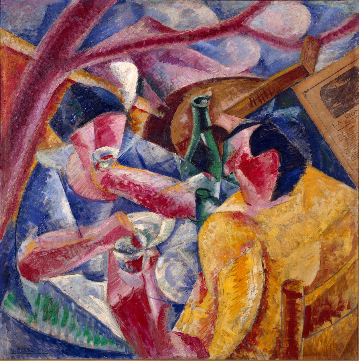 Under pergolaen, Napoli-maleri af Umberto Boccioni (1882-1916) 1914. Olie og collage på lærred. Svag. 83x83 cm Milano, Novecento-museet af Umberto Boccioni