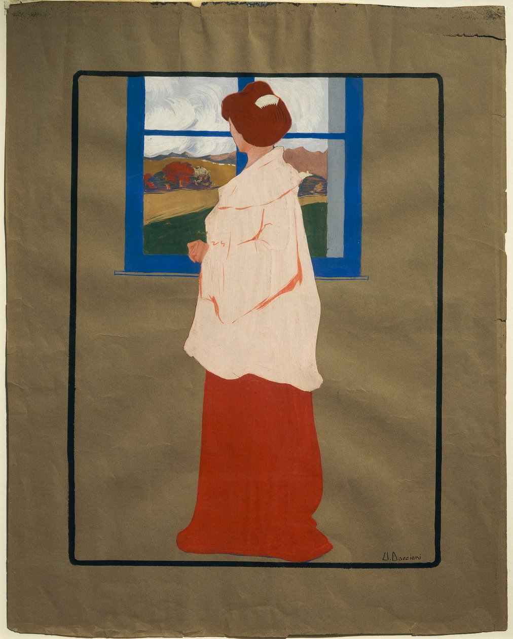 Woman at Window (Efterår), ca. 1908, af Umberto Boccioni (1882-1916), tempera på pap, 32x25 cm af Umberto Boccioni