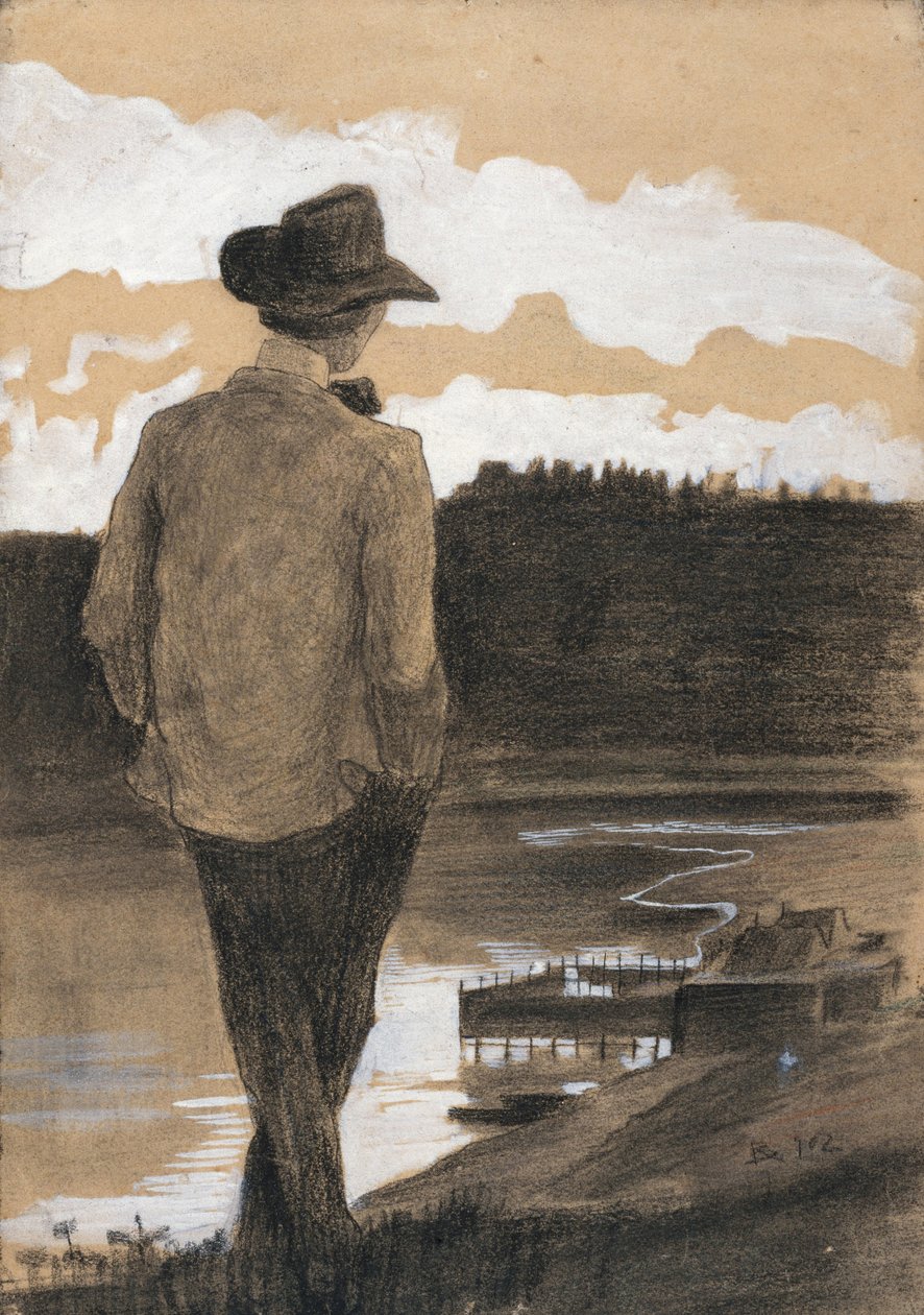 Ung mand på en flodbred, 1902 (gouache, kul og pastel på papir) af Umberto Boccioni