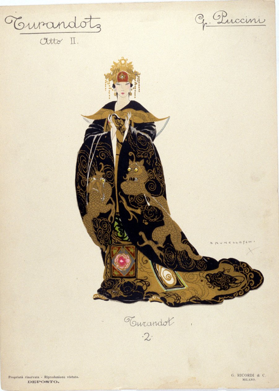 Kostume til karakteren af prinsesse Turandot i operaen "" Turandot "" af komponisten Giacomo Puccini (1858-1924) - 1926 af Umberto Brunelleschi