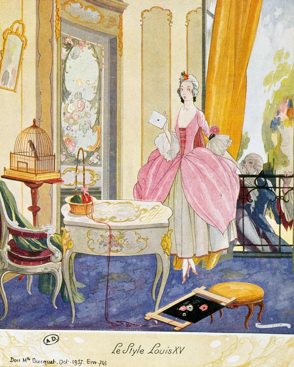 Scene i stil med Louis XV, teatralske omgivelser, akvarel af Umberto Brunelleschi