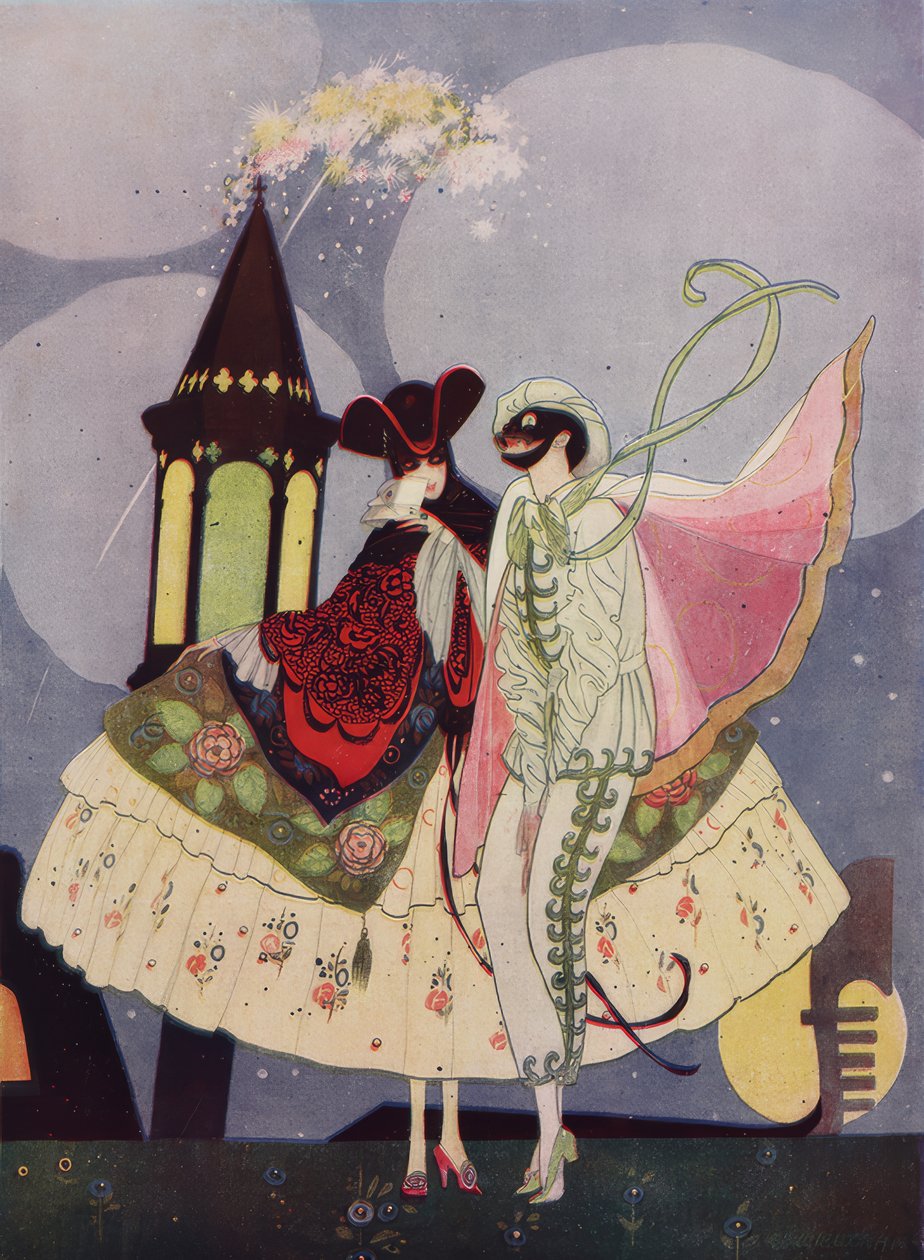 To venetianske masker og en gondol på Carnevale-fabrikken af Umberto Brunelleschi