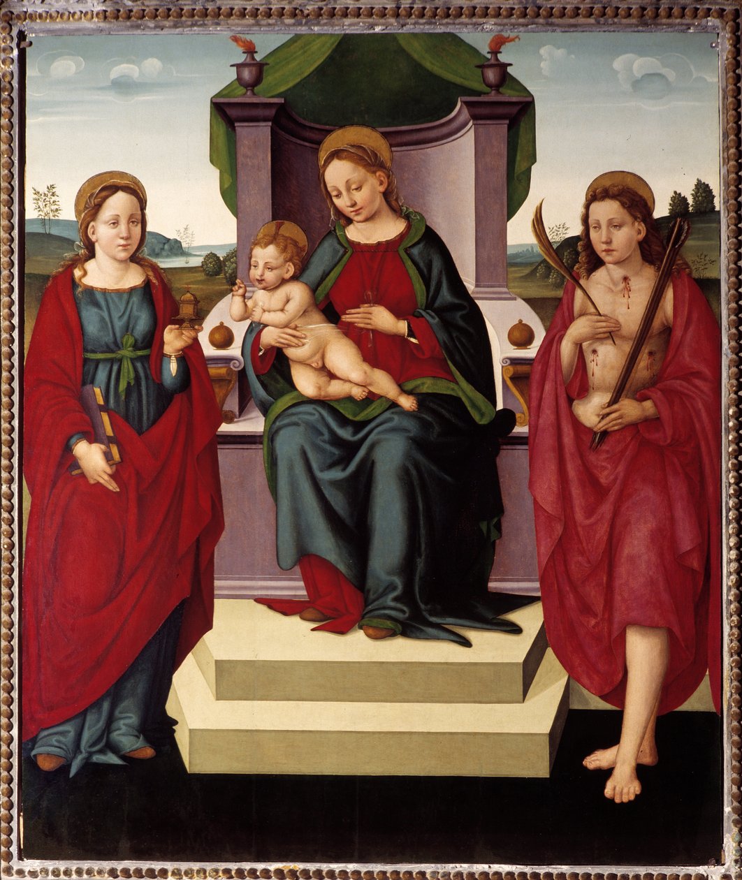 Madonna på tronen mellem St. Magdalene og Sebastian (olie på lærred af Umbrian School