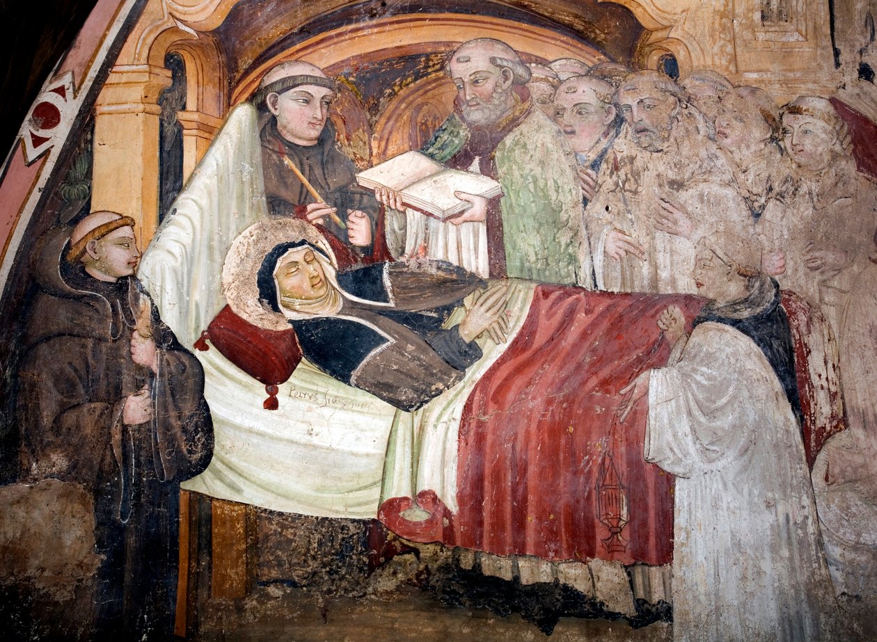 Sankt Scolasticus død (v. 480- v. 543), søster til Sankt Benedikt af Nursie Hun er omgivet af benediktinermunke. Fresko af Umbrien-skolen i det 15. århundrede. Klosteret Saint Benedetto (Sacro Speco), Subiaco (Rom), Italien af Umbrian School