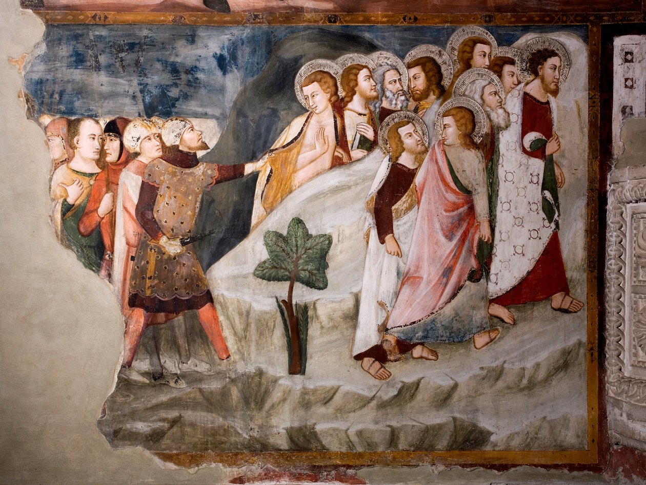 Flugten fra apostlene. Detalje. Fresko af Umbrien-skolen i det 15. århundrede. Superior Kirke. Klosteret Saint Benedetto (Sacro Speco), Subiaco (Rom), Italien af Umbrian School