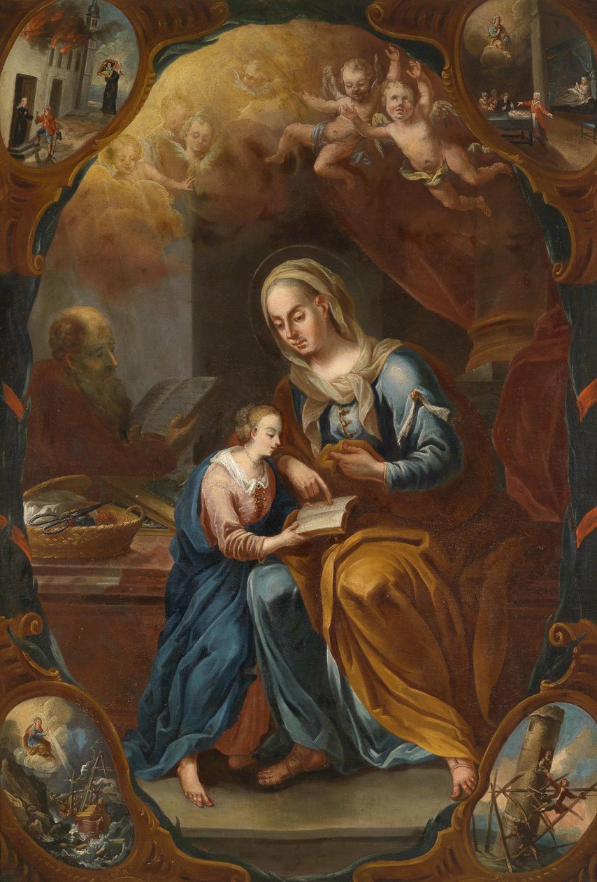 Saint Anne, der lærer Mary at læse, skildringer af mirakler i spandrels af Unbekannt Unbekannt