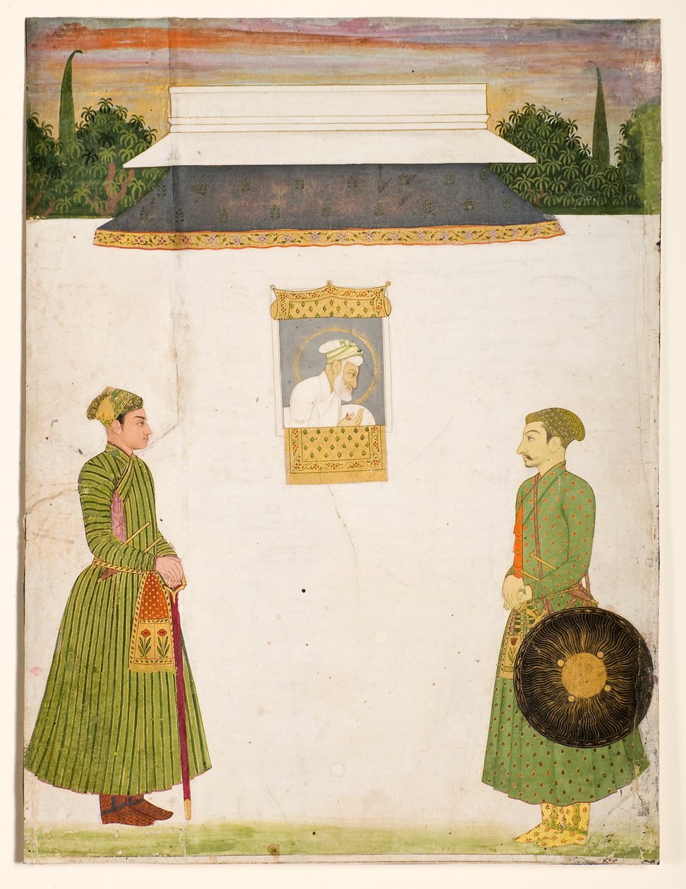 Kejser Aurangzeb ved et jharokha -vindue, to adelsmænd i forgrunden af Unbekannt Unbekannt
