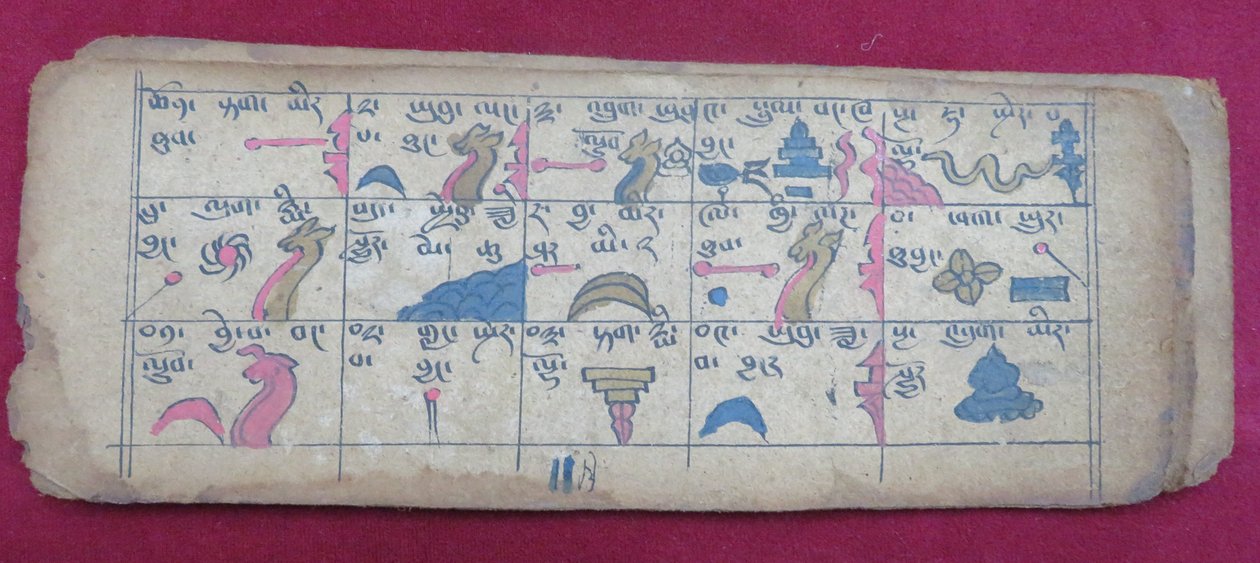 Ersu astrologisk almanak for halvdelen af den 11. måned, med Ersu Shaba piktogrammer og forklaringer på tibetansk af Unbekannt Unbekannt