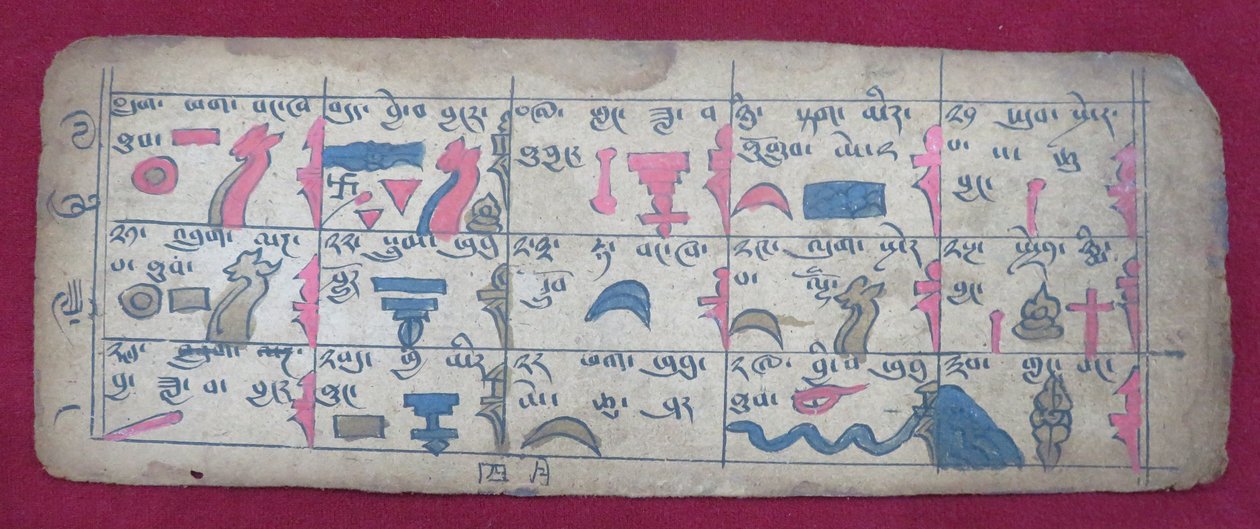 Ersu astrologisk almanak for halvdelen af den 4. måned, med Ersu Shaba piktogrammer og forklaringer på tibetansk af Unbekannt Unbekannt