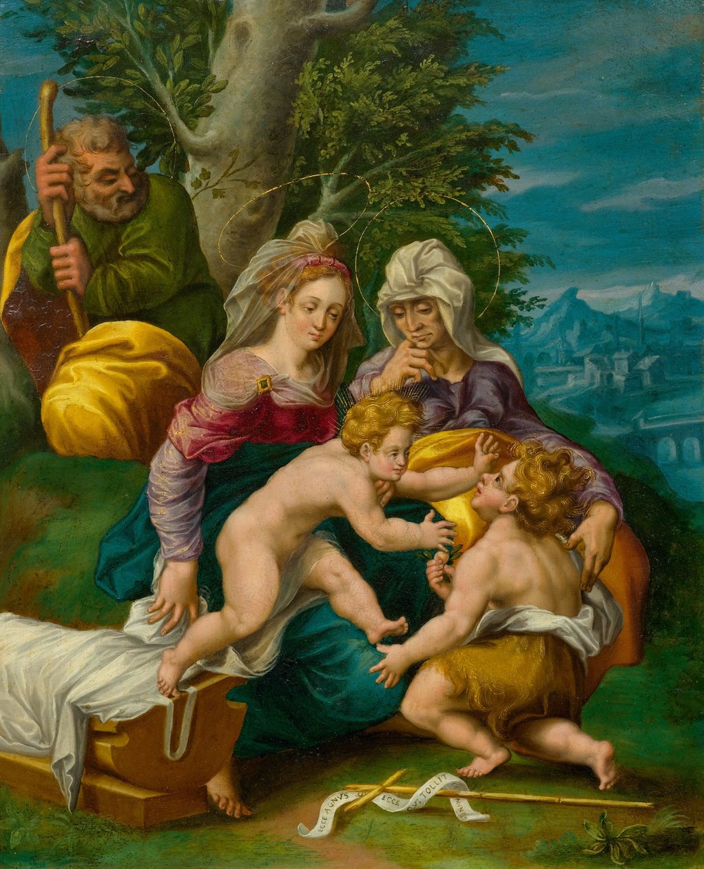 Hellig familie med Elisabeth og den unge Johannes Døberen i et landskab af Unbekannt Unbekannt