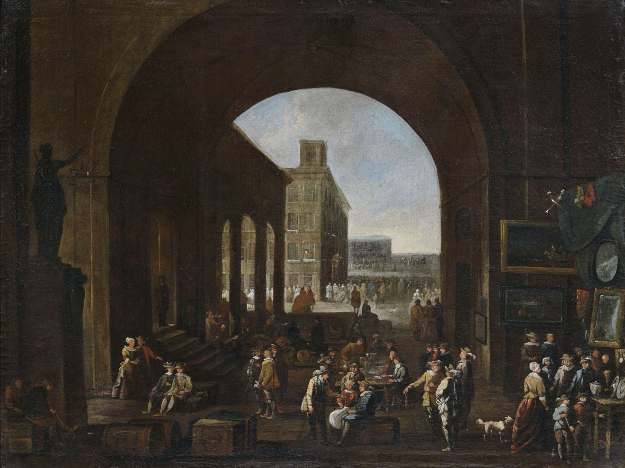 Kunstmarked under en stor buegang med udsigt til et overfyldt italiensk torv af Unbekannt Unbekannt