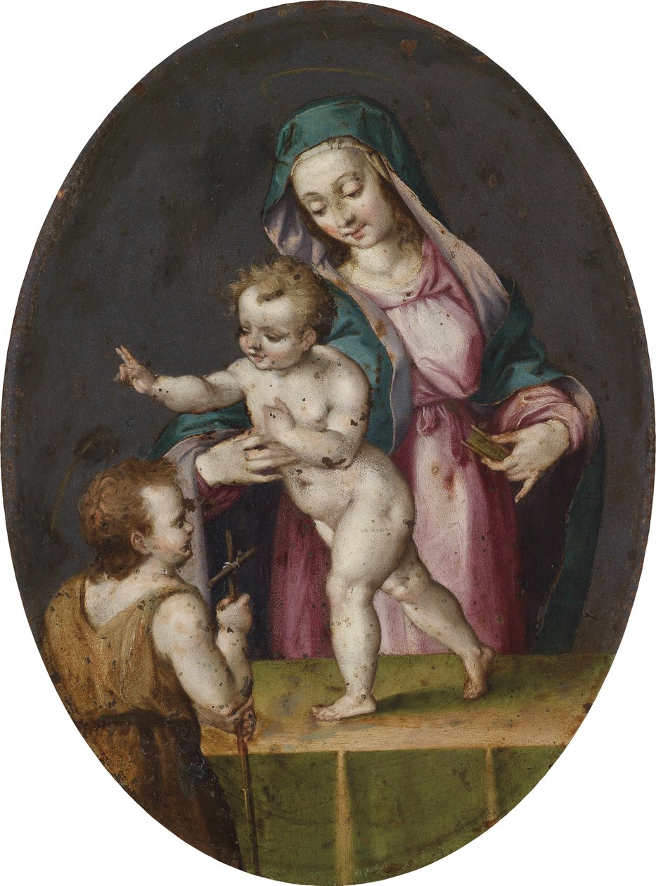 Madonna og barn med Johannes Døberen af Unbekannt Unbekannt
